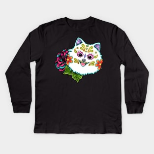 Pomeranian in White - Day of the Dead Sugar Skull Dog Kids Long Sleeve T-Shirt